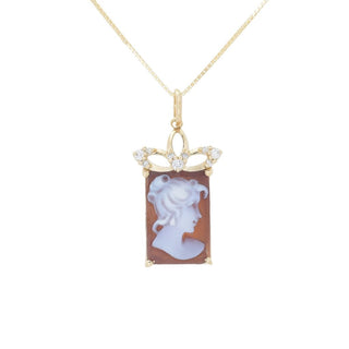 Cameo Italiano 14K Gold 13x9mm Portrait Cameo & Diamond Pendant w/ Chain