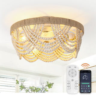 20 Bohemian Wood Beaded Beige Smart Ceiling Fan with Remote and Light APP Control  197 D x 197 W x 101 H