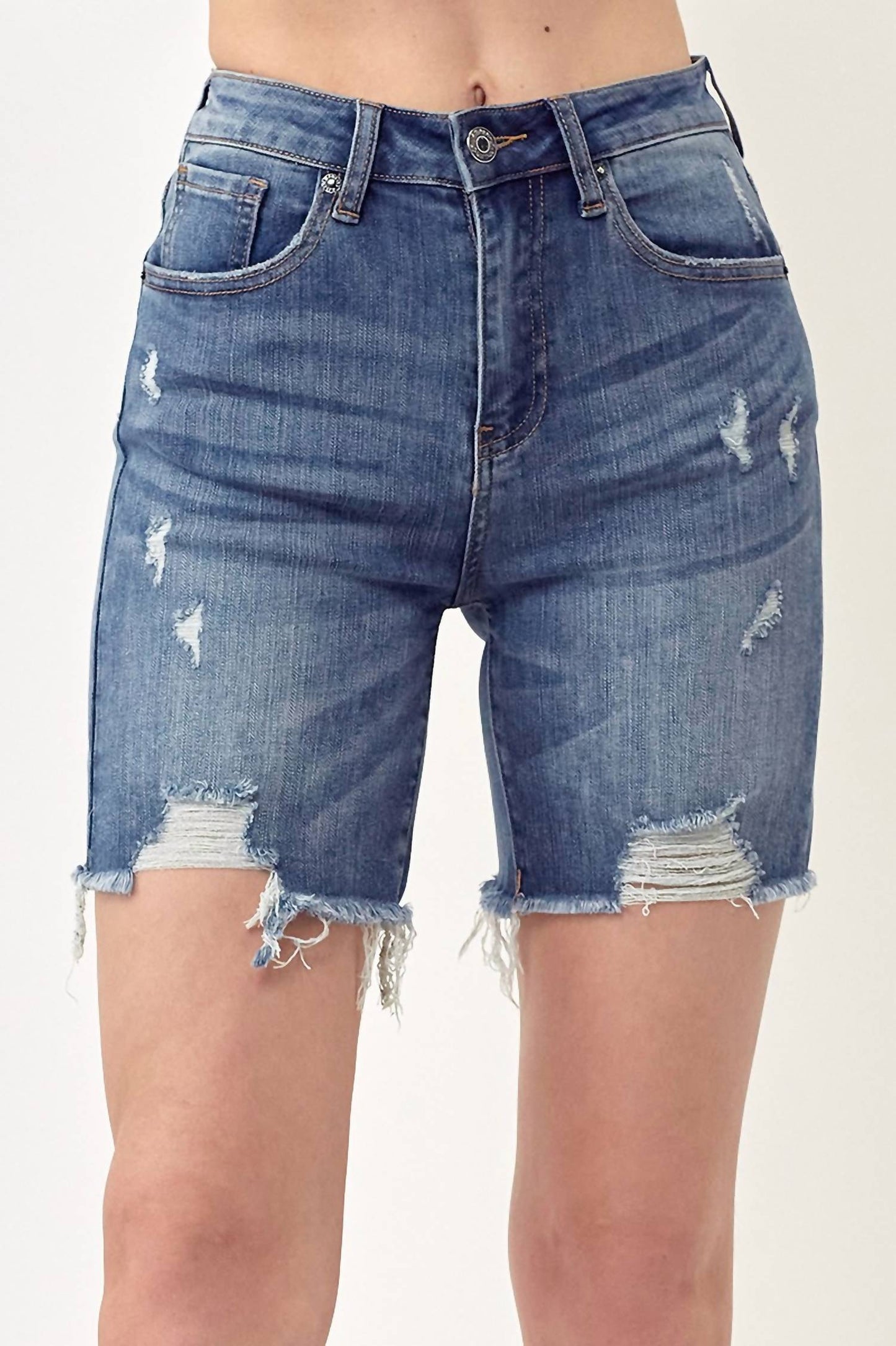 Risen - Distressed High Rise Thigh Shorts - Plus