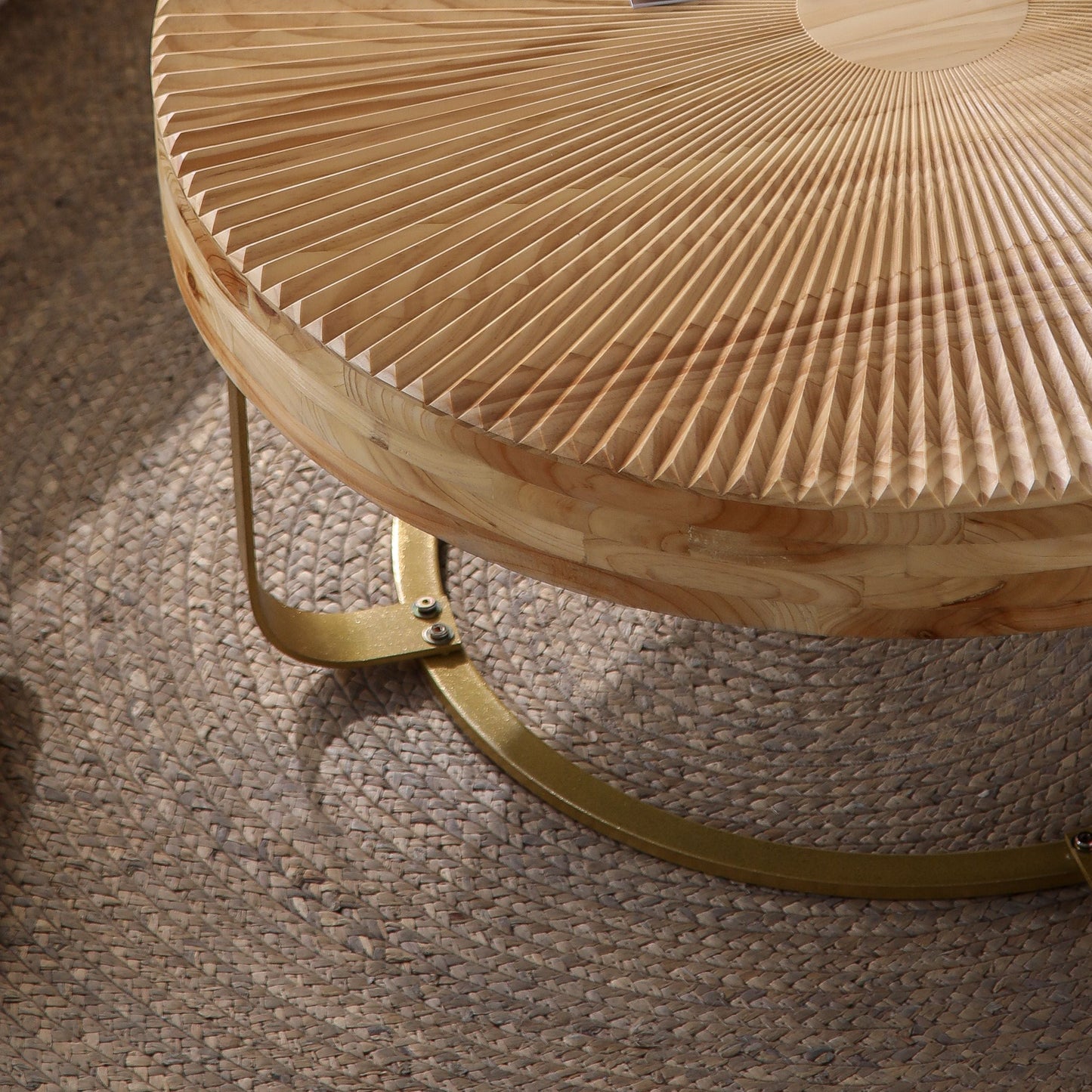 Modern Round Coffee Table with Wooden Carving Pattern and Metal Legs