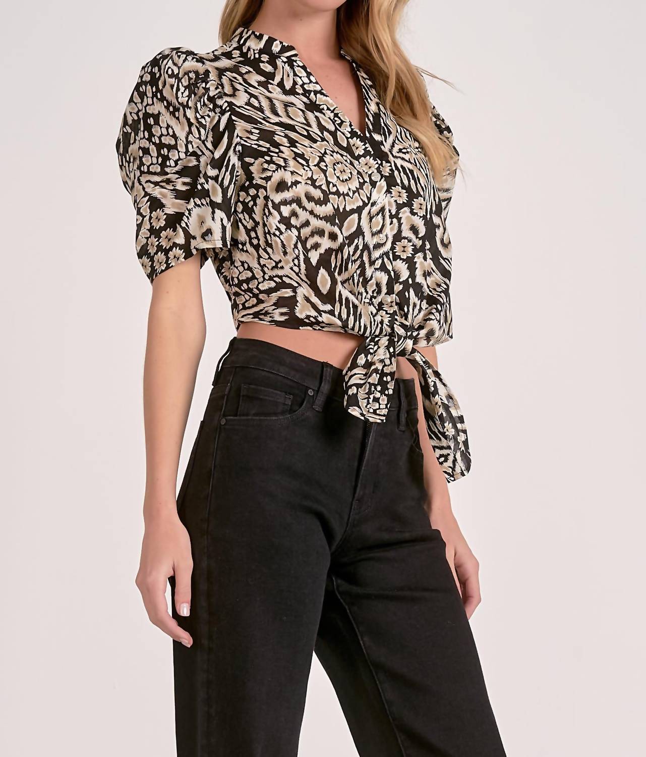 Elan - Short Sleeve Puff Sleeve Tie-front Top