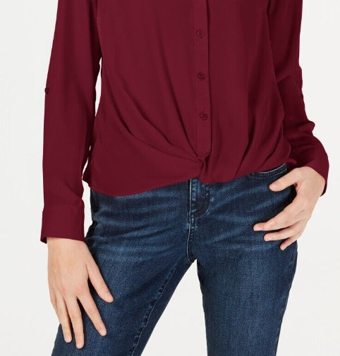 INC International Concepts International Concepts Blusa feminina com botões e torção frontal pequena, vinho, tamanho médio