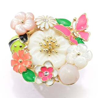 Anel Graziella com esmalte e madrepérola banhados a ouro 23K e flores