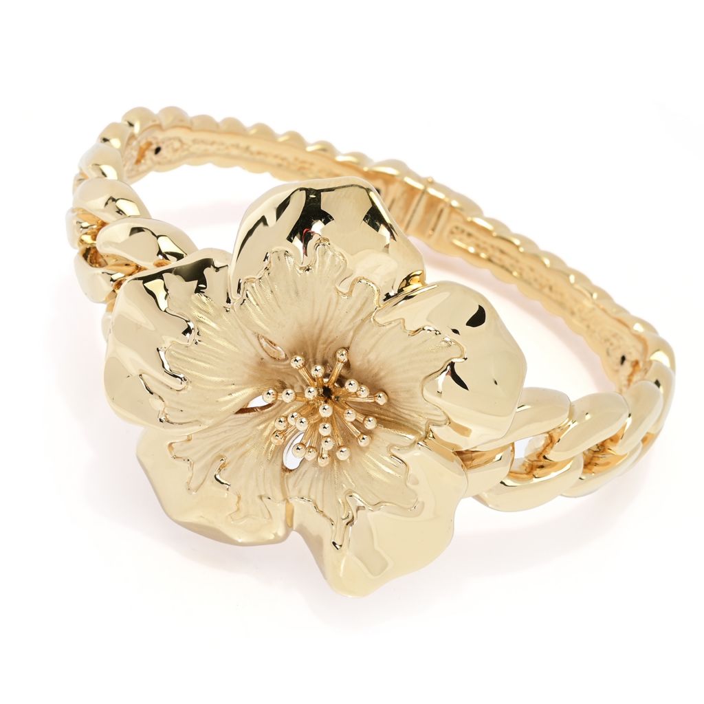 Pulseira Graziella banhada a ouro 23K com hibisco eletroformado e elos curvos