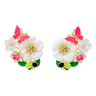 Brincos Graziella banhados a ouro 23K com esmalte e madrepérola floral