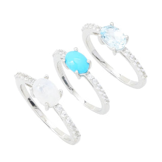 Conjunto de 3 anéis com pedras preciosas banhadas a platina e zircônia branca da Elemental Gems