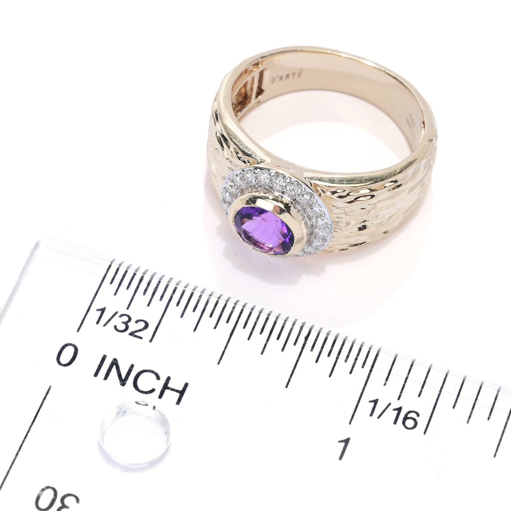 Anel D'Arte em ouro martelado 14K com ametista roxa e diamante de 0,90ct