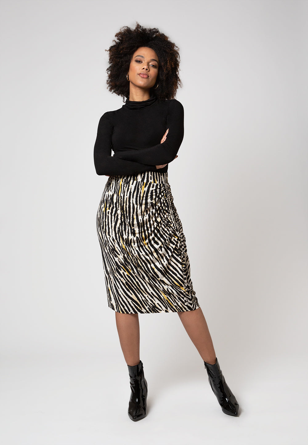 Saia feminina Leota Kathy franzida com estampa de zebra, branca, tamanho M