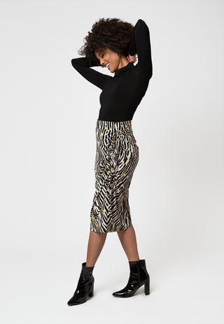 Saia feminina Leota Kathy franzida com estampa de zebra, preta, tamanho XX-G