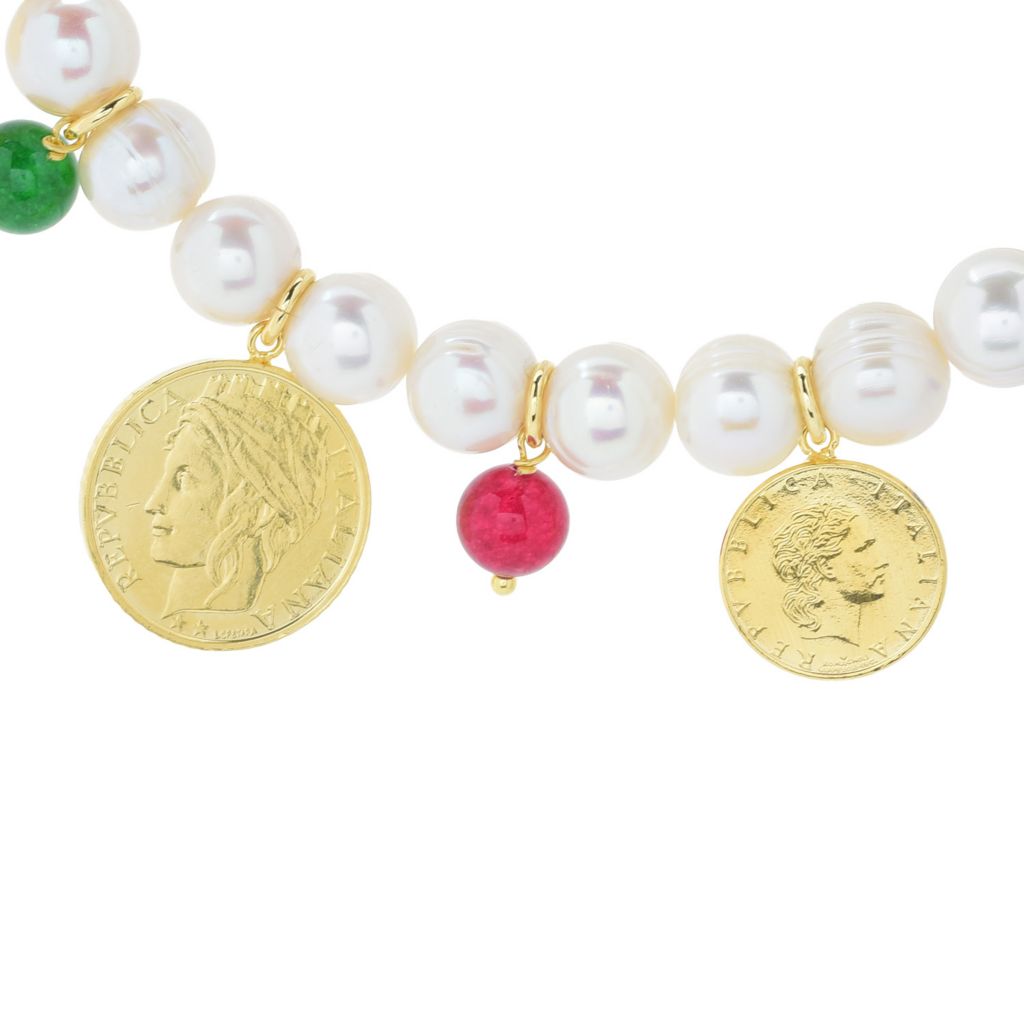 Colar de pérolas cultivadas com quartzo tingido Toscana Italiana e moeda de lira genuína