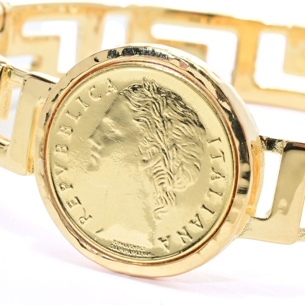 Pulseira com chave grega e moeda de lira genuína banhada a ouro 18K Toscana Italiana