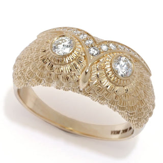 Beverly Hills Elegance 14K Gold 0.31ctw Diamond Owl Ring, 7.6 grams