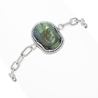 Pulseira de cabeça de Buda em labradorita esculpida de 22x16 mm em prata artesanal por Samuel B.