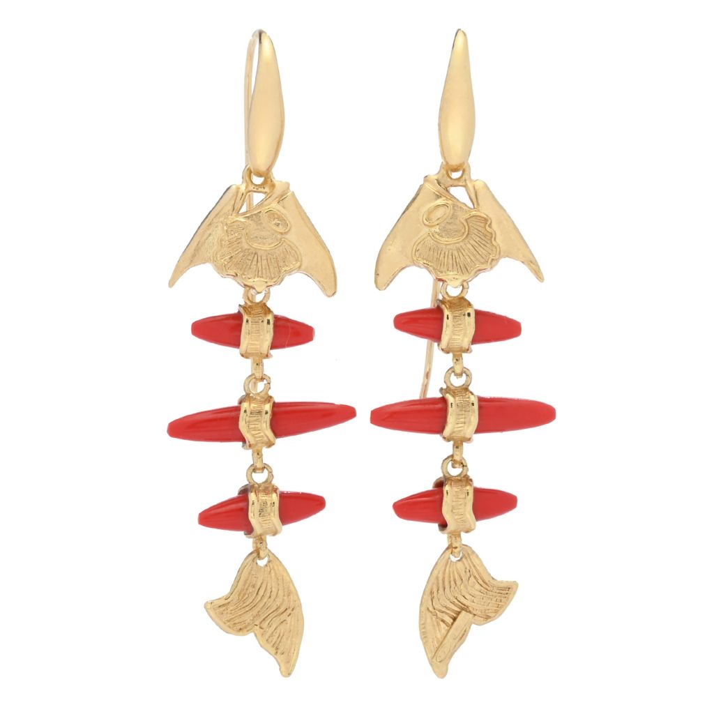 Brincos pendentes Bello Italiano em formato de peixe coral banhado a ouro 18K de 6,3 cm