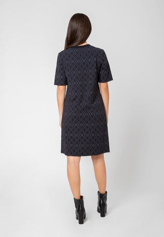 Vestido Maddie de manga curta feminino Leota em jacquard luxuoso com linhas de diamante, preto