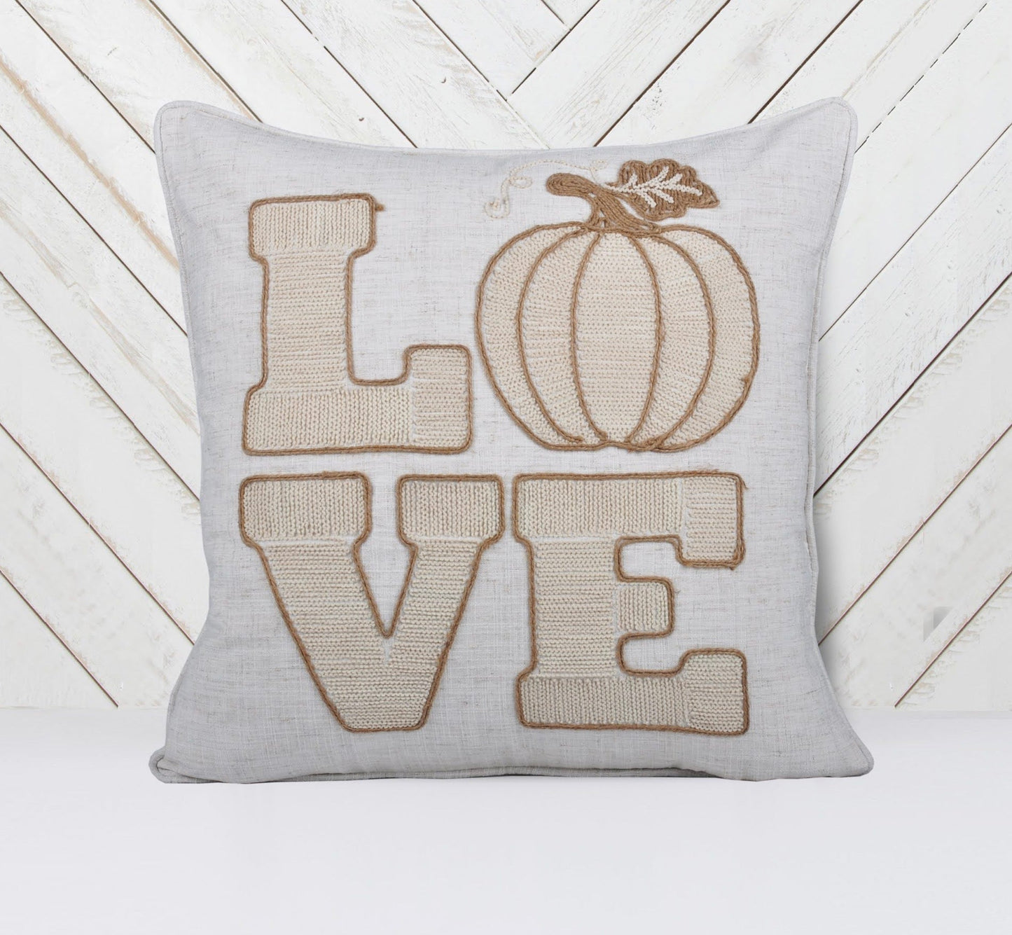 Embroidered Pumpkin “LOVE” Accent Pillow – Rustic Beige Fall Decor