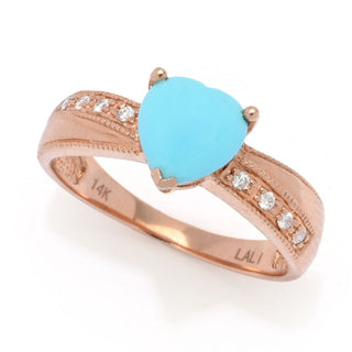 LALI Jewels 14K Rose Gold 7mm Heart Shape Turquoise & Diamond Ring