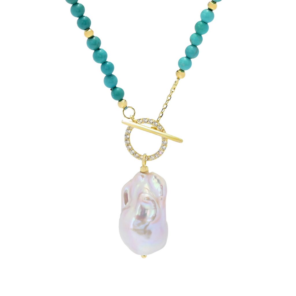 Colar banhado a ouro 18K com pérolas cultivadas barrocas de 25x15 mm, turquesa e zircônia