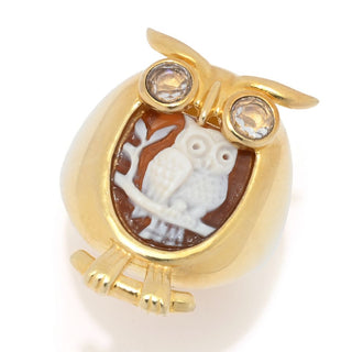Anel Cameo Italiano banhado a ouro 18K com imitação de coruja e diamante "musical"