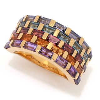 Anel Baguete Multi-Pedras Preciosas Banhado a Ouro 18K MUSE 2,77ctw com 5 Fileiras