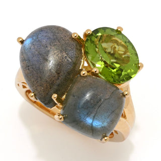 Anel de cluster com 3 pedras multiformato em labradorita e peridoto vermeil 18K MUSE
