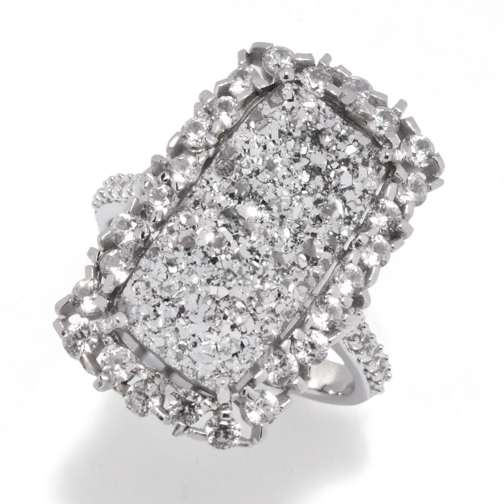 Anel alongado MUSE em prata esterlina 18x9 mm com drusa e zircônia branca