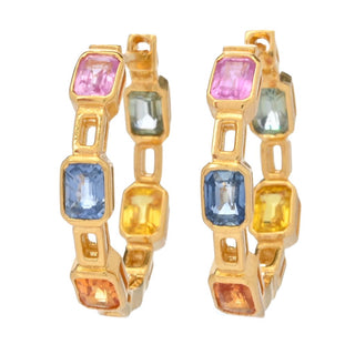 Brincos de argola octogonais de safira multicoloridos banhados a ouro 18K de 3,00 quilates