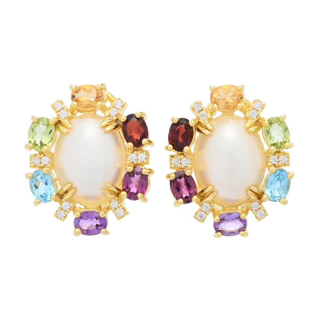 Brincos de pérolas cultivadas Mabe ovais de 10x8 mm banhados a ouro 18K e com várias pedras preciosas