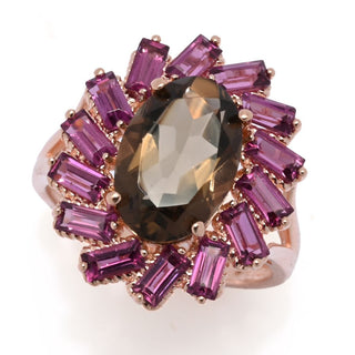 Anel de halo oval e baguete com escolha de pedras preciosas banhado a ouro rosa
