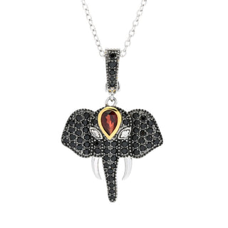 Pingente de elefante com granada e espinélio preto banhado a ouro 18K e platina de 1,67ct