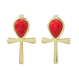 Passaporte para o Egito Brincos de cruz Ankh de coral vermelho banhados a ouro 18K de 7x5 mm