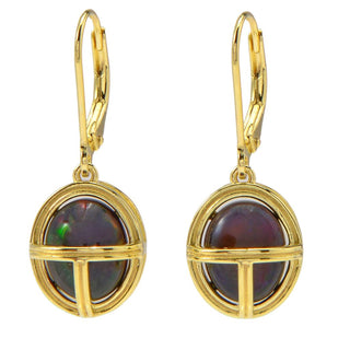 Passaporte para o Egito Brincos de gota de escaravelho de opala negra banhados a ouro 18K 10x8 mm