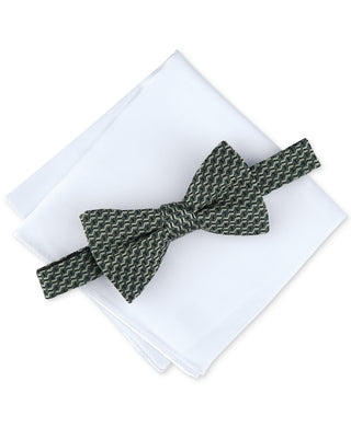 Alfani Men's Pre-Tied Geo Bow Tie & Solid Pocket Square Set - Green