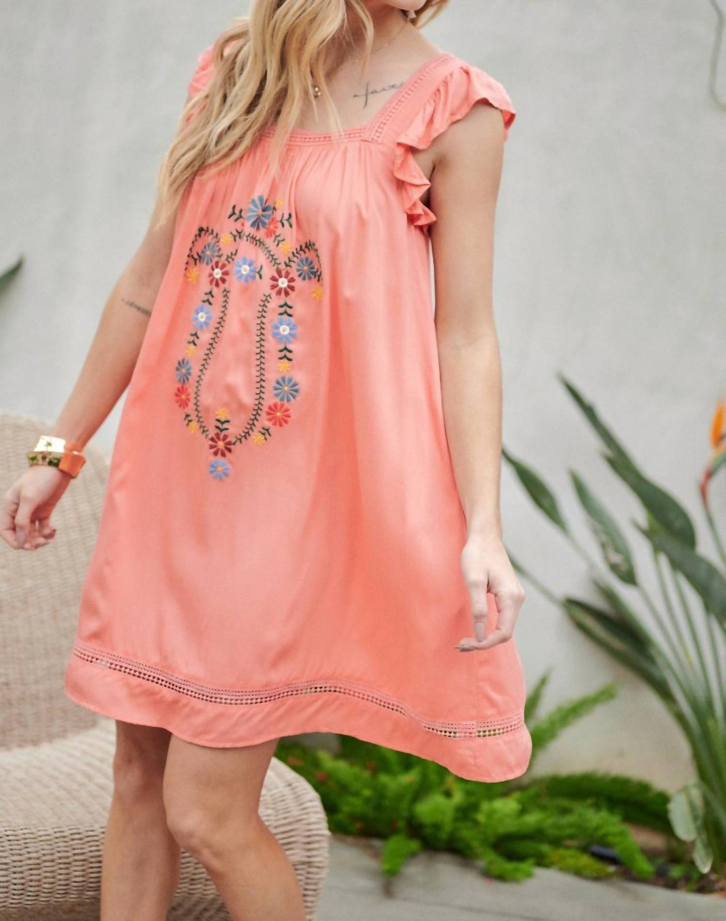 Davi & Dani - Embroidered Square Neck Mini Dress