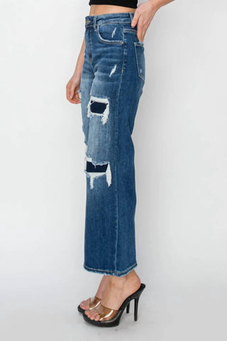 Risen - Calça jeans curta com detalhe de remendo de cintura alta e perna larga