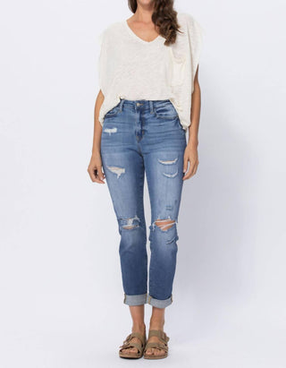 Judy Blue - Calça jeans boyfriend desgastada com cintura alta e punho