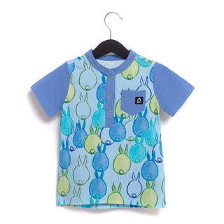 Camiseta infantil RAGS Apparel manga curta Henley com bolso arredondado azul tamanho 11-12 anos