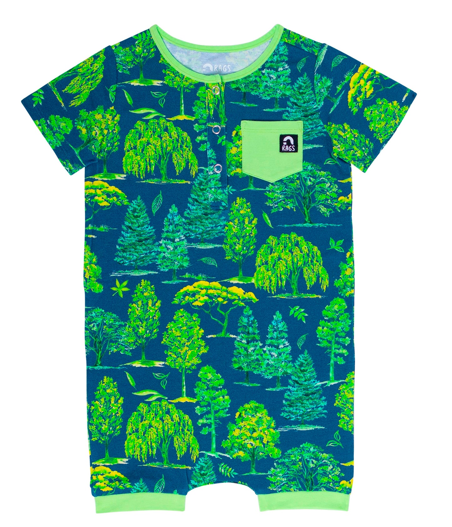 Macacão curto infantil RAGS Apparel com bolso Henley e manga curta, azul, tamanho 2T