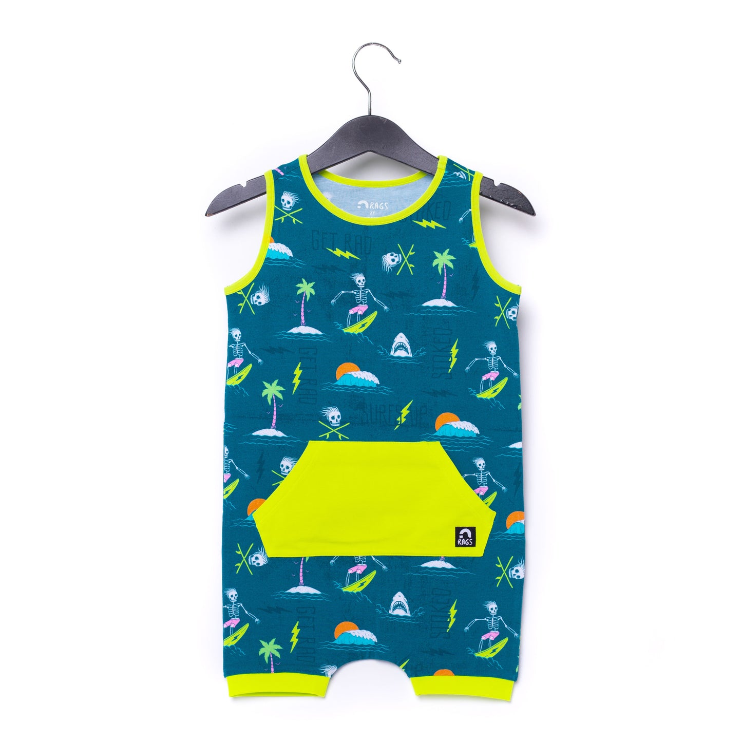 Macacão curto infantil RAGS Apparel com bolso canguru e manga curta, verde, tamanho regular