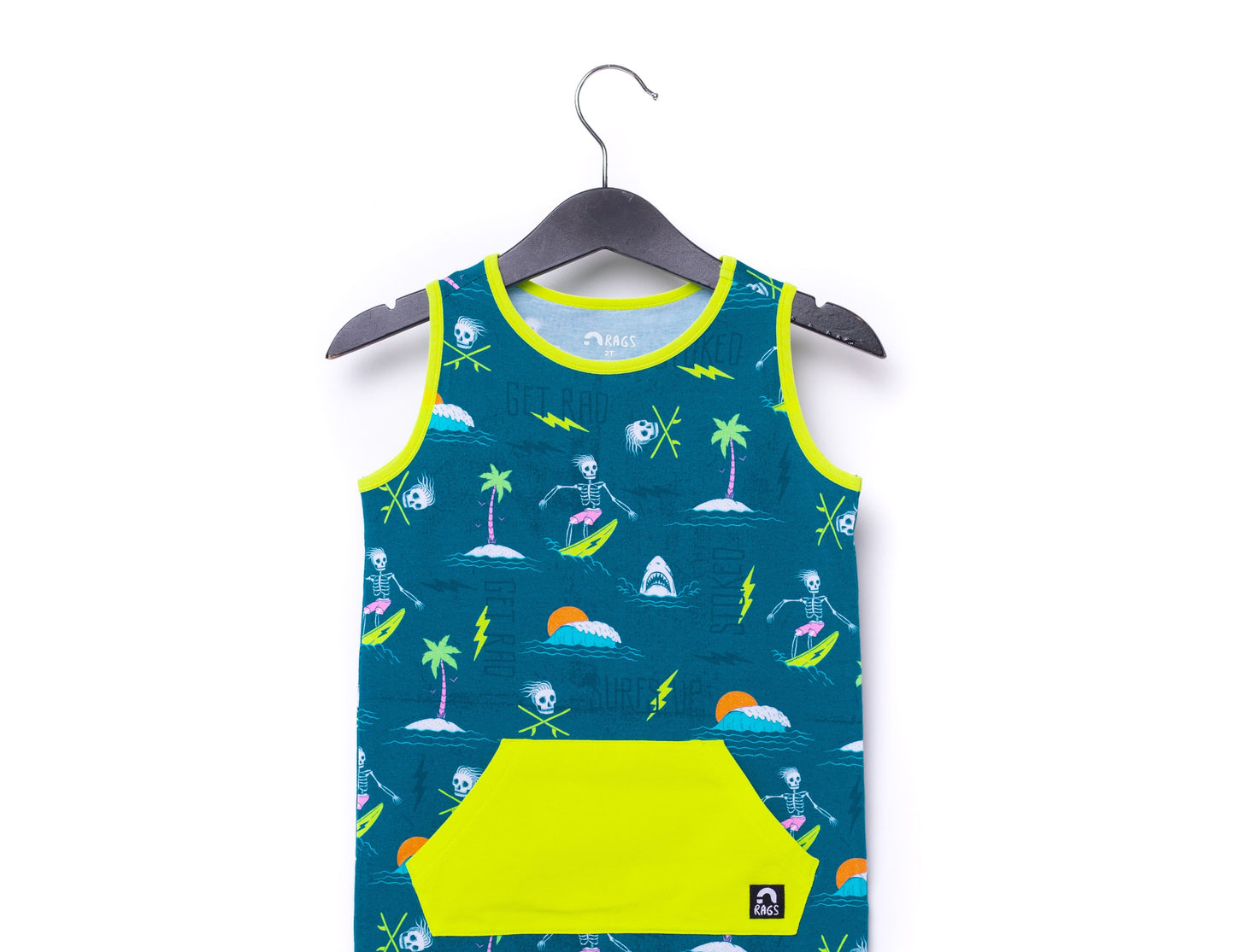 Macacão curto infantil RAGS Apparel com bolso canguru e manga curta, verde, tamanho regular