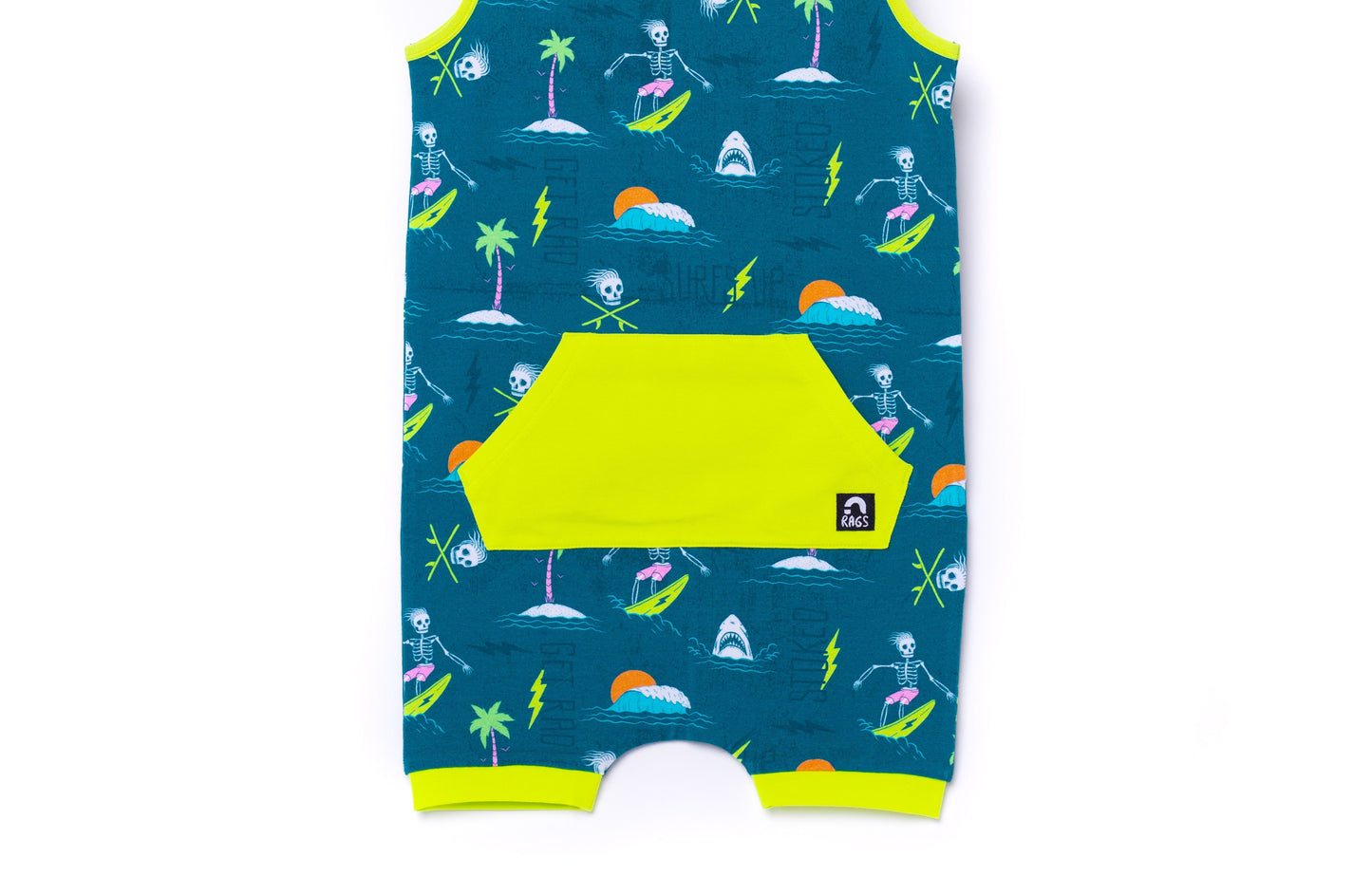 Macacão curto infantil RAGS Apparel com bolso canguru e manga curta, verde, tamanho regular