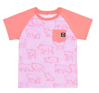 Camiseta infantil RAGS Apparel manga curta raglan com bolso arredondado rosa tamanho 2T