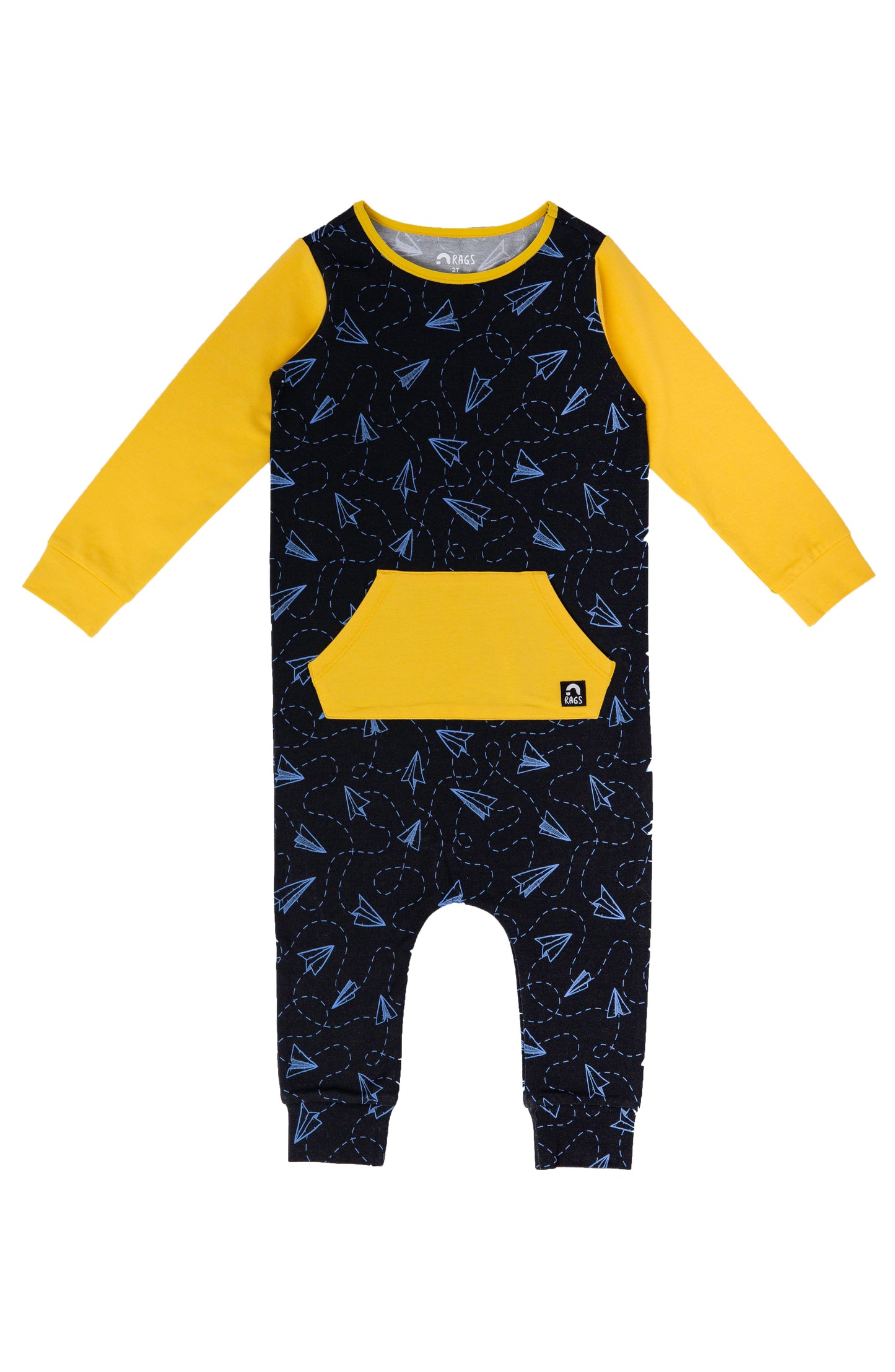 Macacão infantil de manga comprida com bolso canguru RAGS Apparel, preto, tamanho 2T