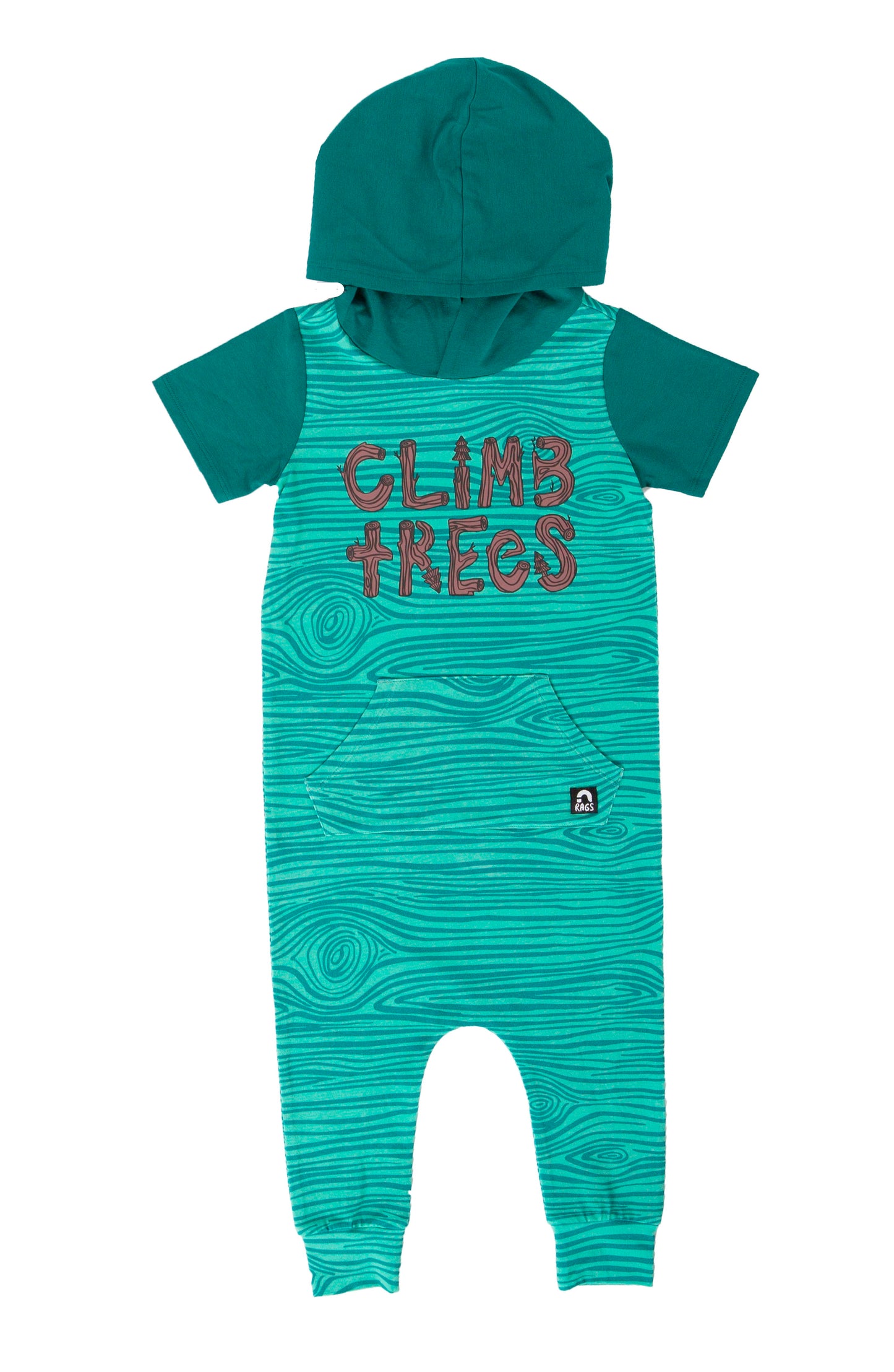 Macacão infantil RAGS Apparel com capuz e bolso canguru, manga curta, verde, tamanho 2T