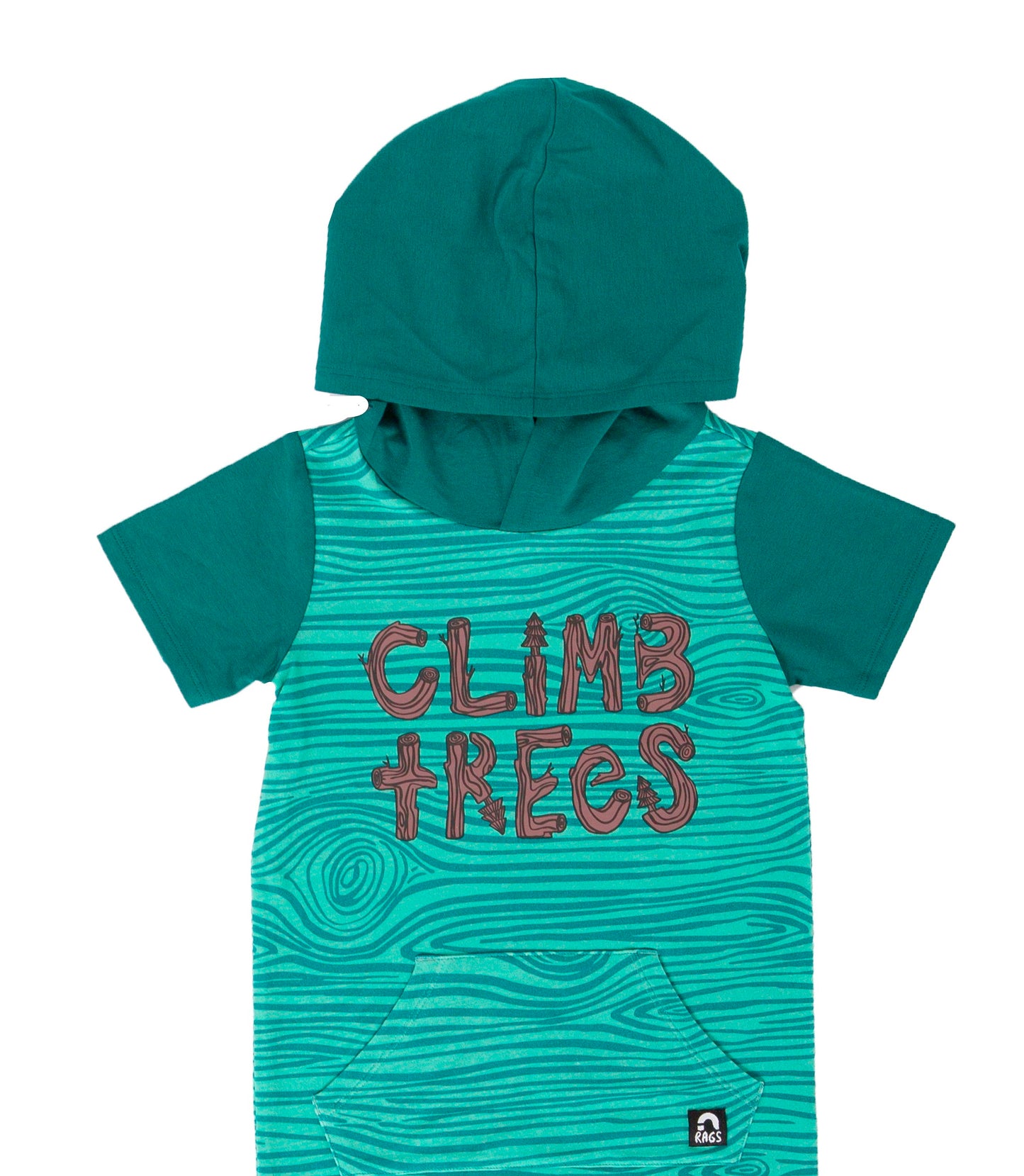 Macacão infantil RAGS Apparel com capuz e bolso canguru, manga curta, verde, tamanho 2T