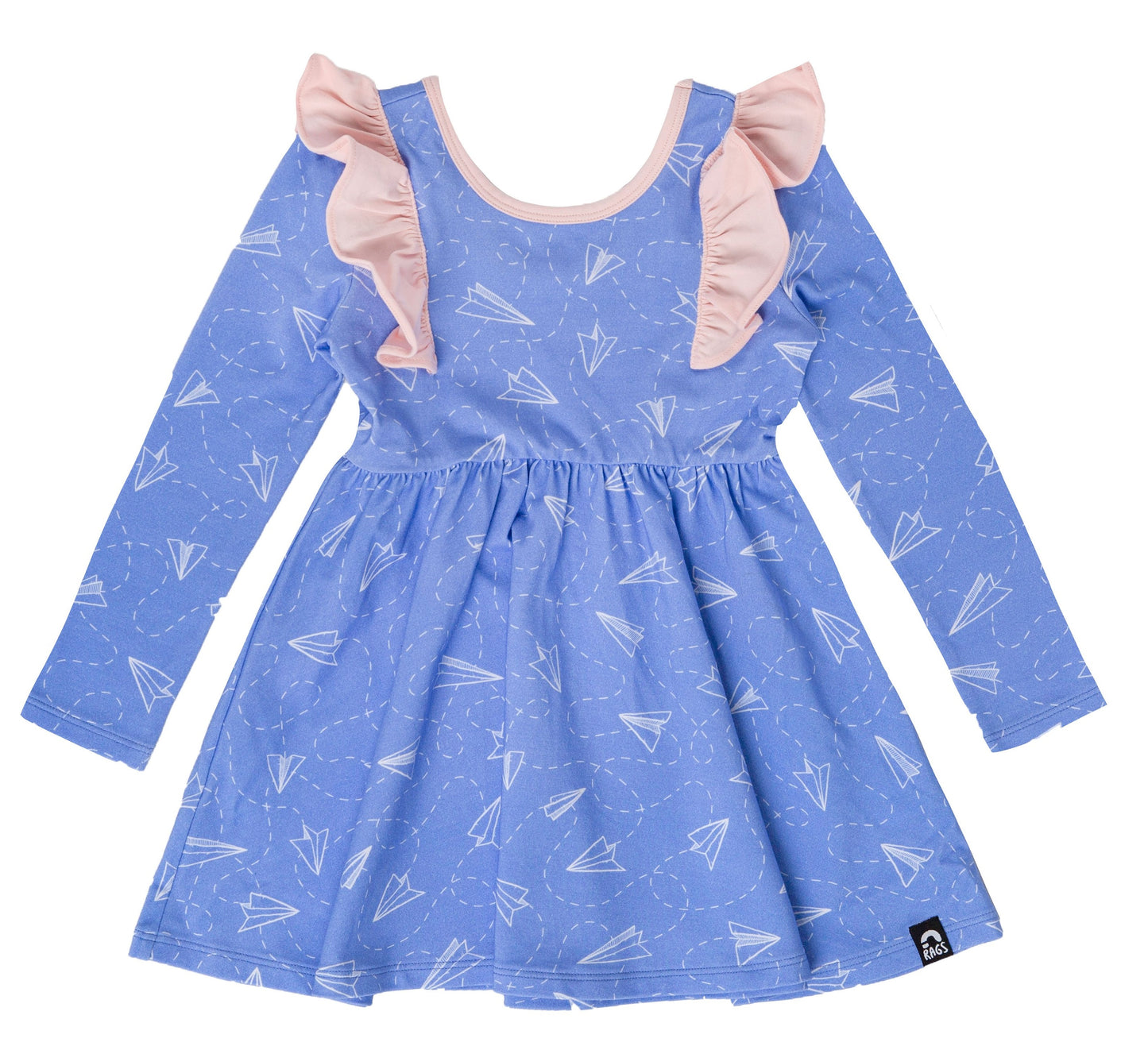 Vestido infantil RAGS Apparel com babados e manga comprida, azul, tamanho 2T