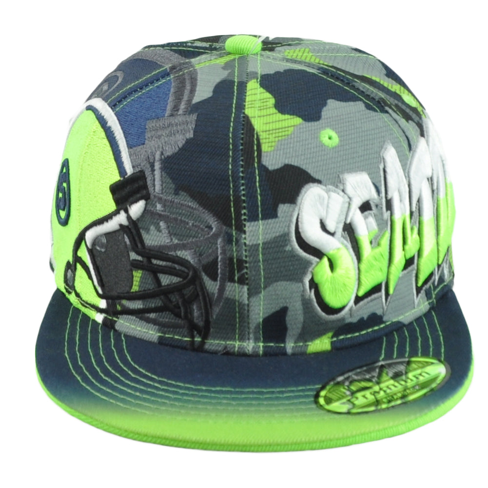 Seattle Seahawks Theme Football City Flat Bill Adjustable Helmet Camo Hat Cap