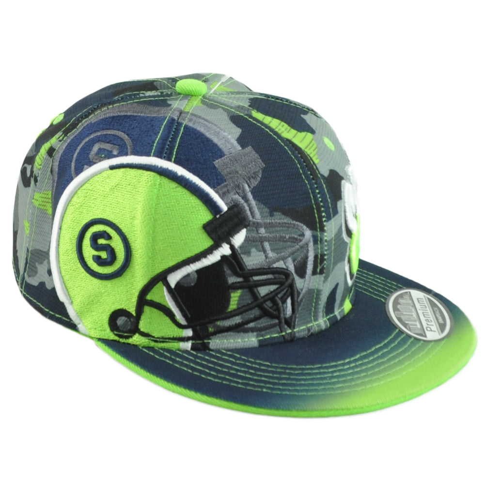 Seattle Seahawks Theme Football City Flat Bill Adjustable Helmet Camo Hat Cap