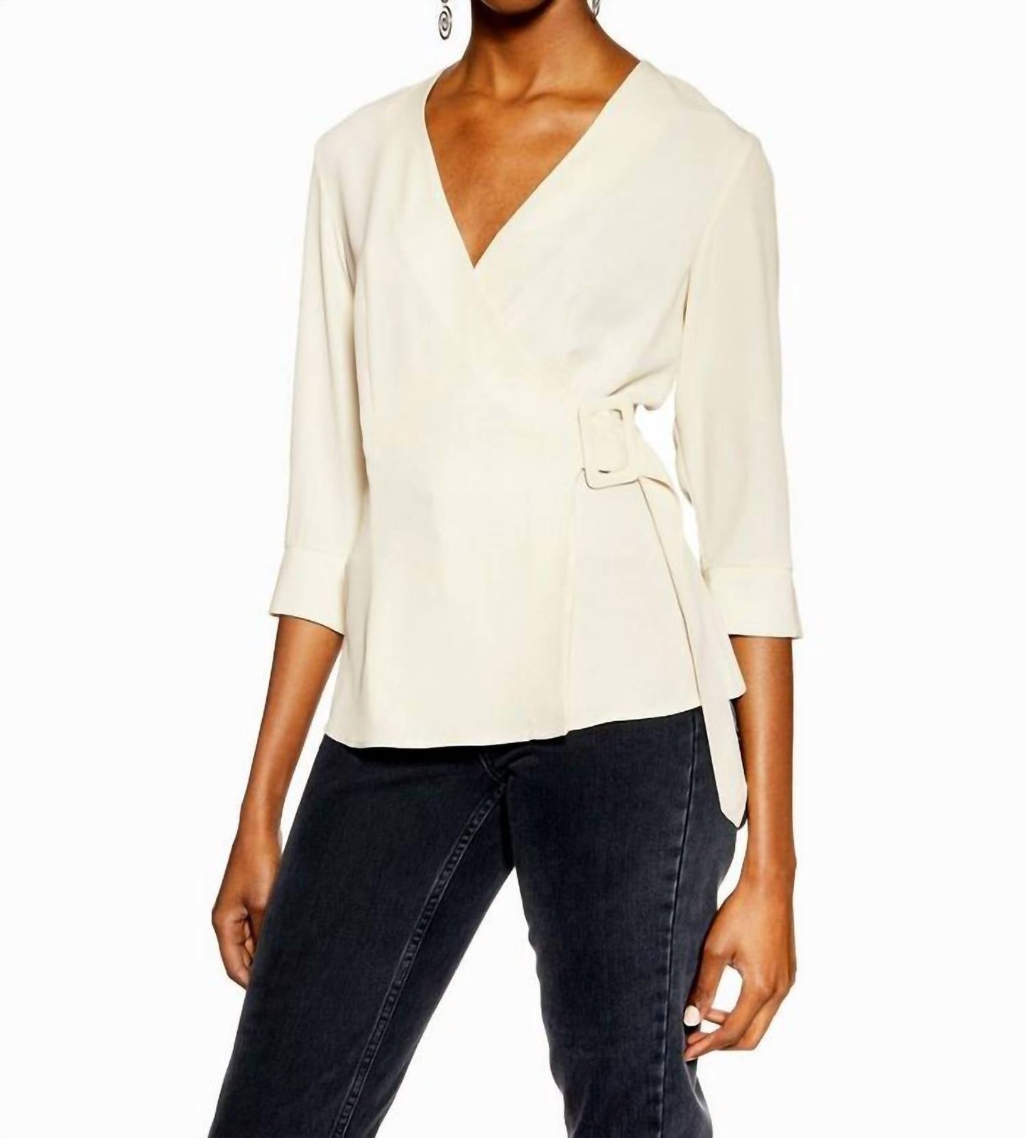 Topshop - V-Neck 3/4 Sleeve Belted Crepe Wrap Blouse