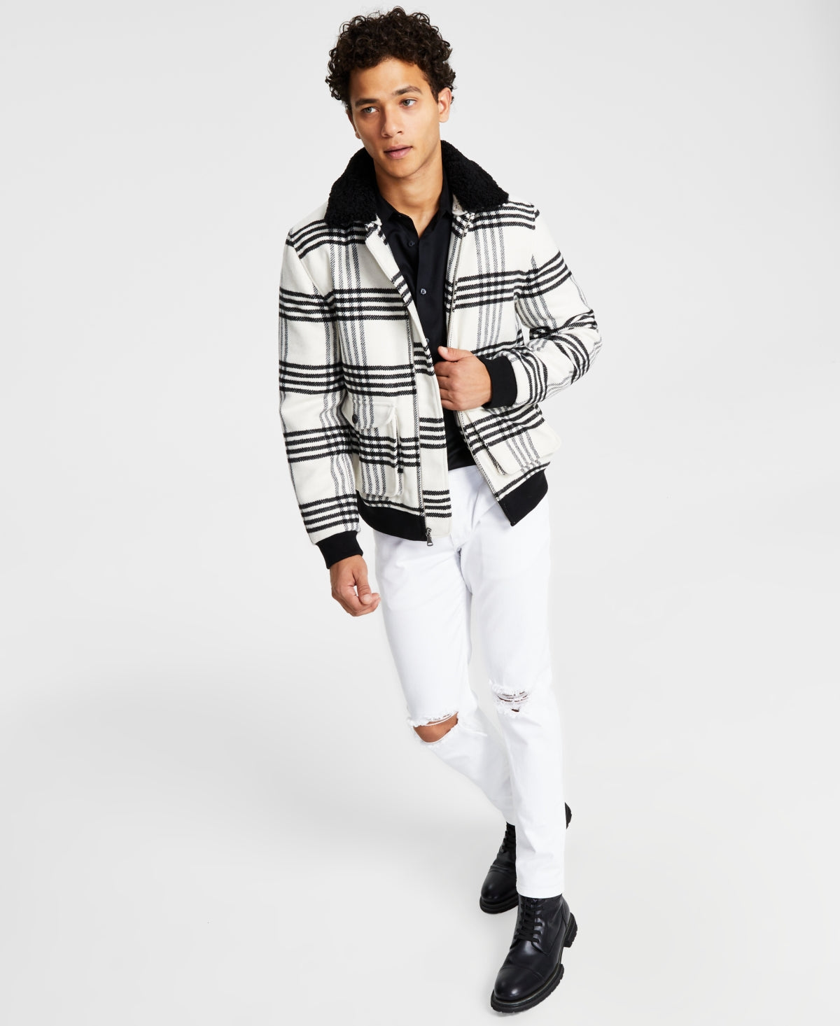 Men's Loki Fleece Collar Plaid Jacket - White